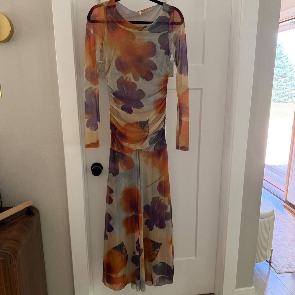 Free People Sunnei Mesh Maxi Dress Sunrise Combo Floral Ruched XS Boho Resort